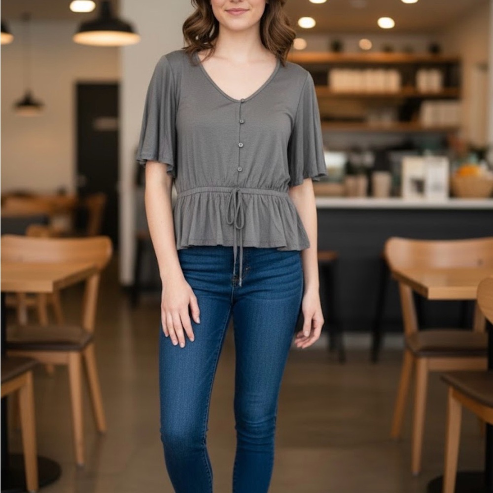 Gray V-Neck Drawstring Top- M